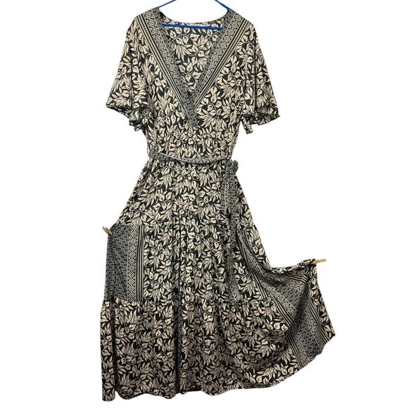 Natura Tiered Maxi Dress Womens L Botanical Minimalist Bohemian Flutter Boho - Picture 2 of 13